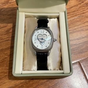 Judith Ripka silver and black leather watch